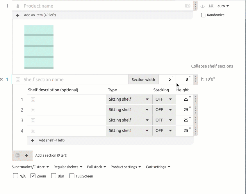 Shelf Test customizations: Planogram mode: adding sections.gif