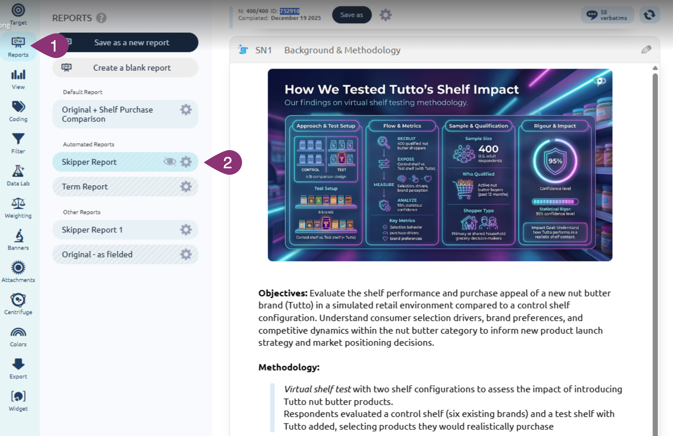 Skipper Report showing advanced data visualizations including Concept Lab, Virtual Questions, and Correlation Finder