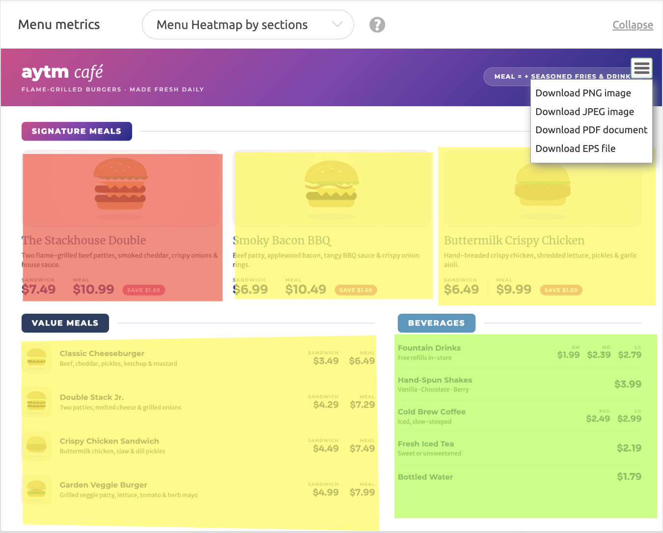 Menu Test heatmap view options