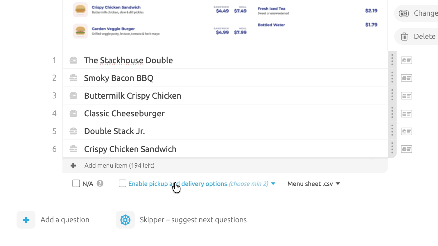 Configuring dine in, drive thru, pick up, and delivery options
