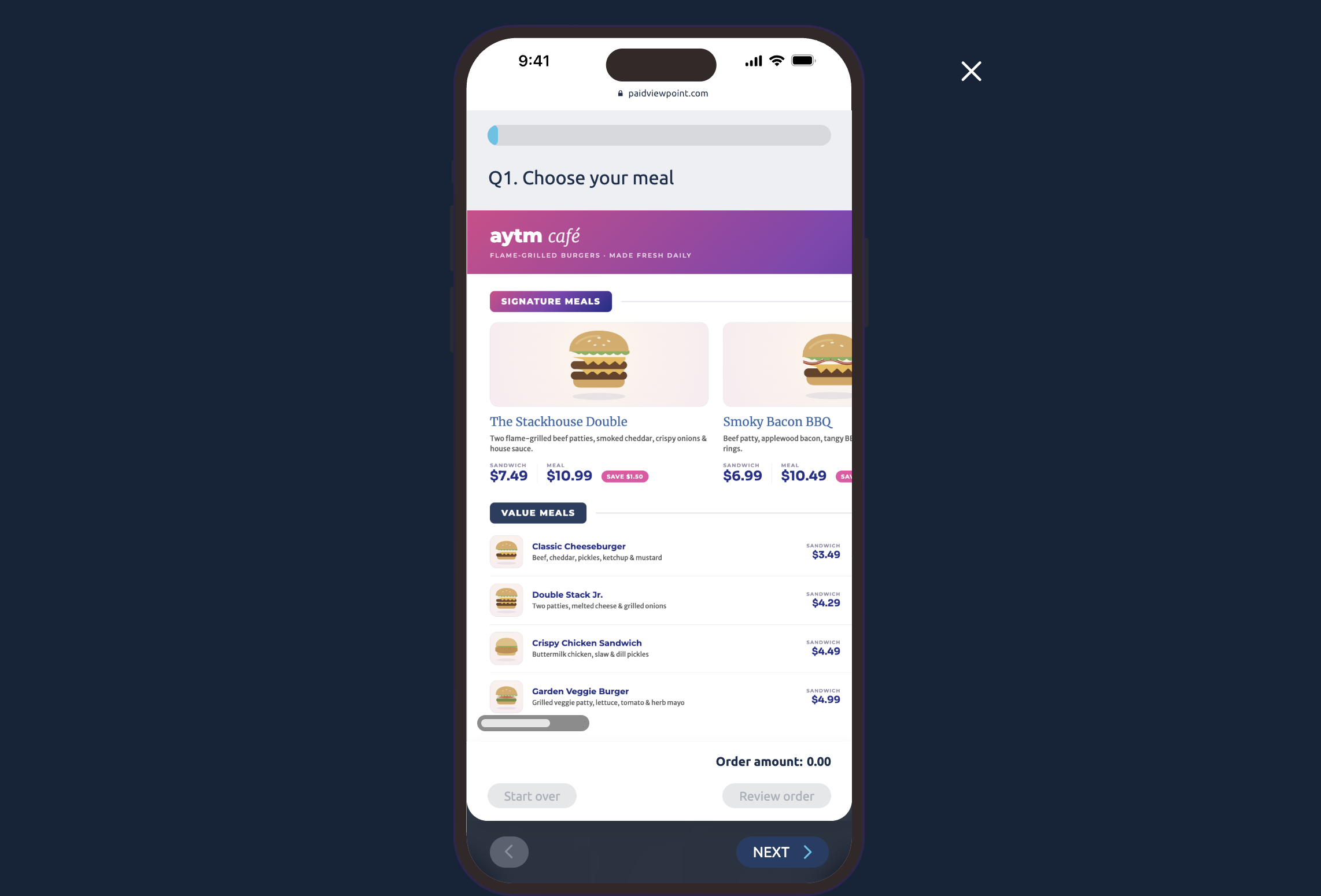 Menu Test respondent experience on mobile