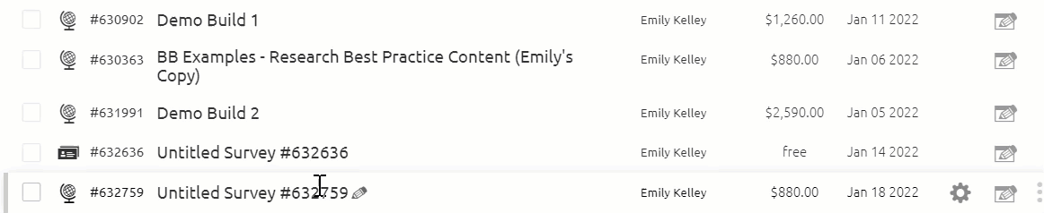 Renaming a survey by clicking its pencil icon on the Dashboard