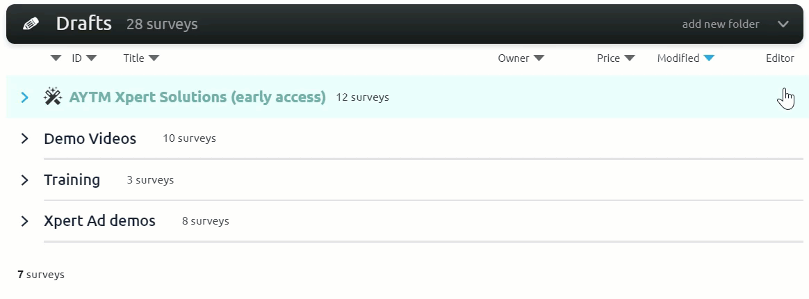 Adding a new folder from the Dashboard section header