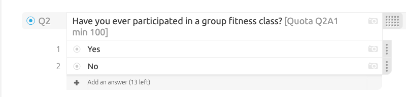 Minimum quota syntax applied to an answer option, requiring at least 100 responses