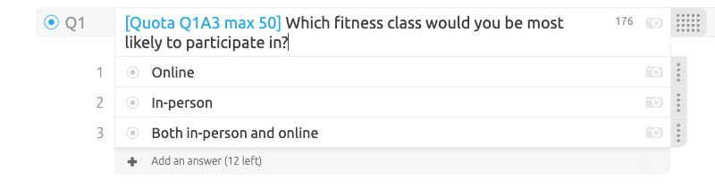 Maximum quota syntax applied to an answer option, capping responses at 50