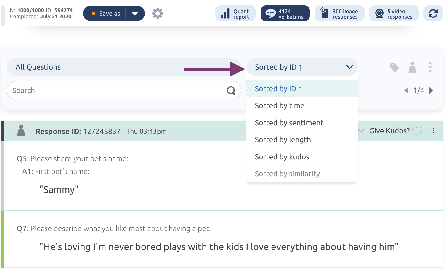 Sorting controls on the Verbatims page