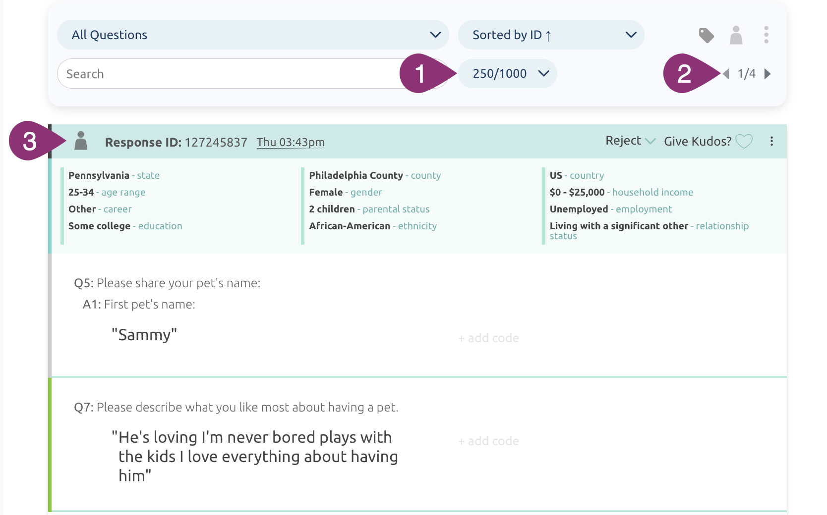 Page view controls: comments per page, page toggle, and show traits icon