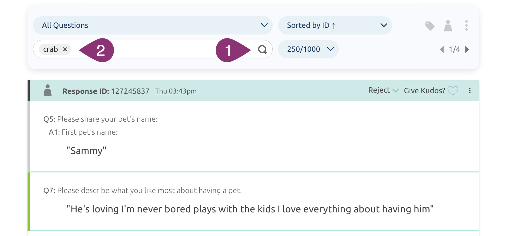 Search field and magnifying glass on the Verbatims page