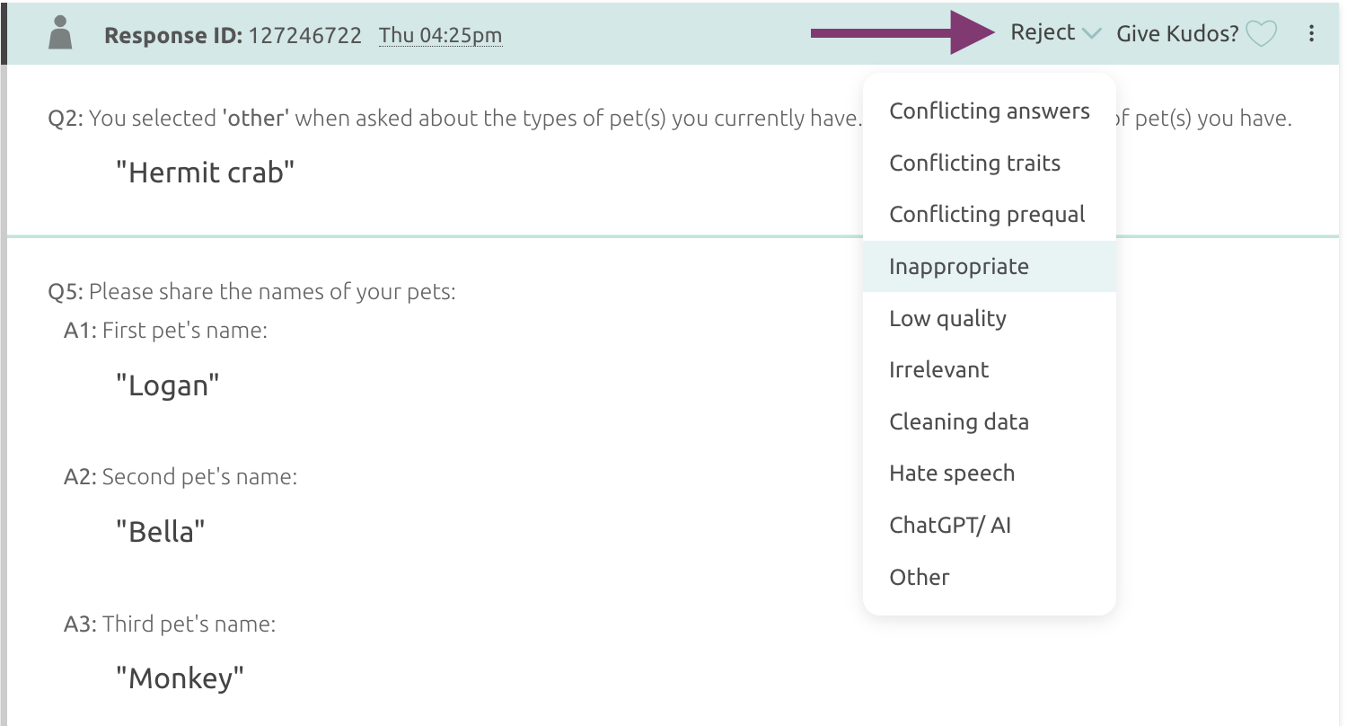 Reject option and reason drop-down on an individual verbatim response
