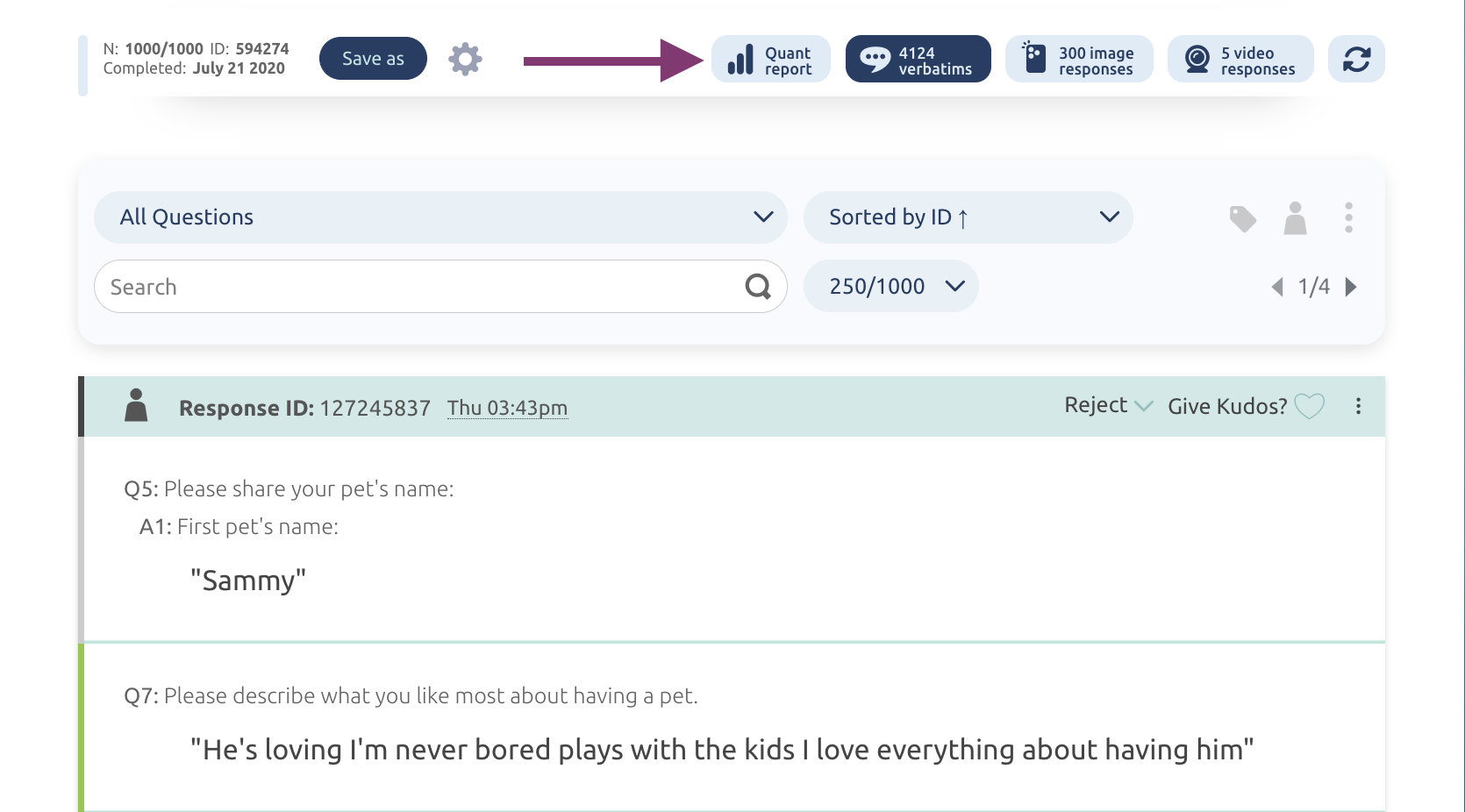 Quant report button used to return to the main stats page
