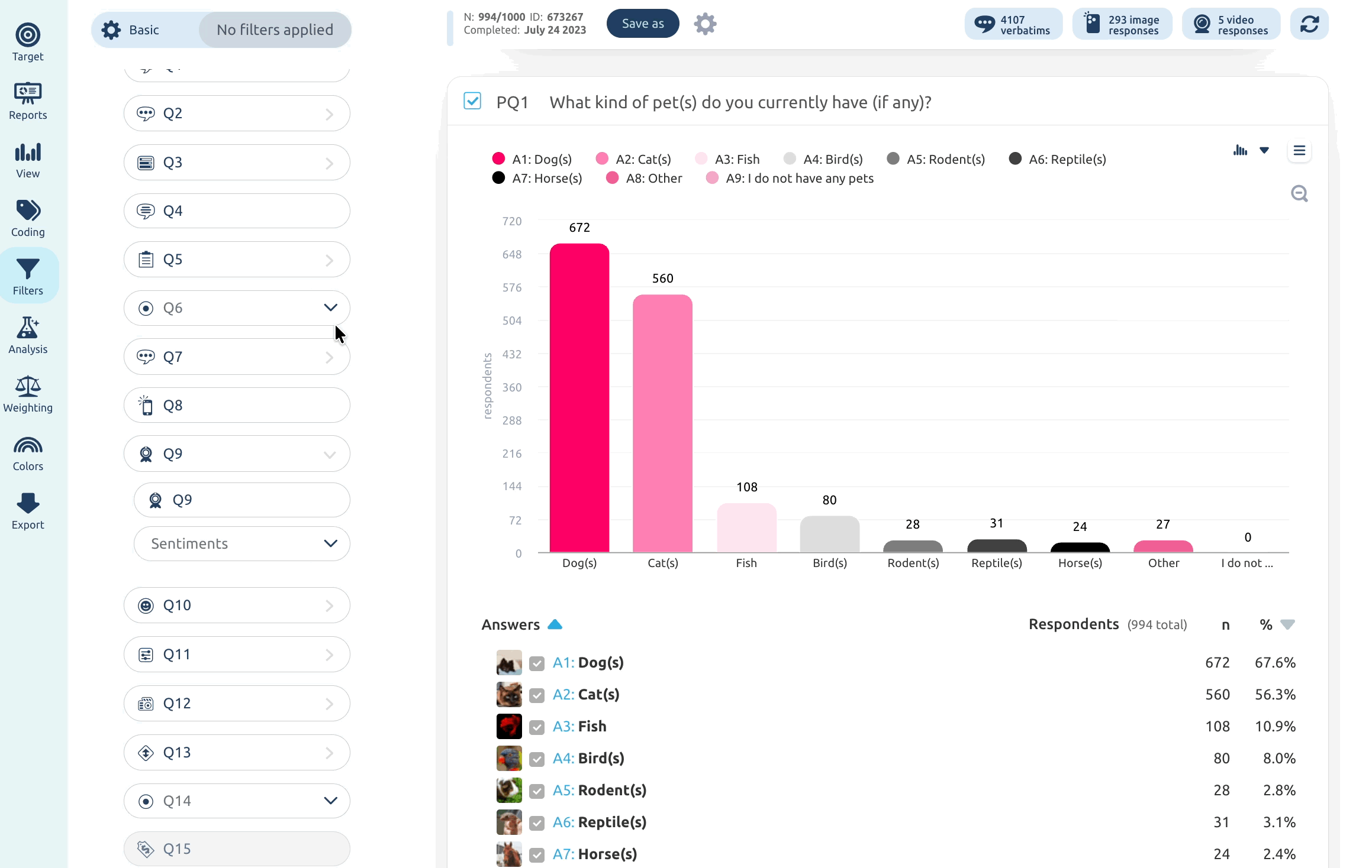 Including and excluding answer options in the Questions section of the Filter tab, then applying the filters