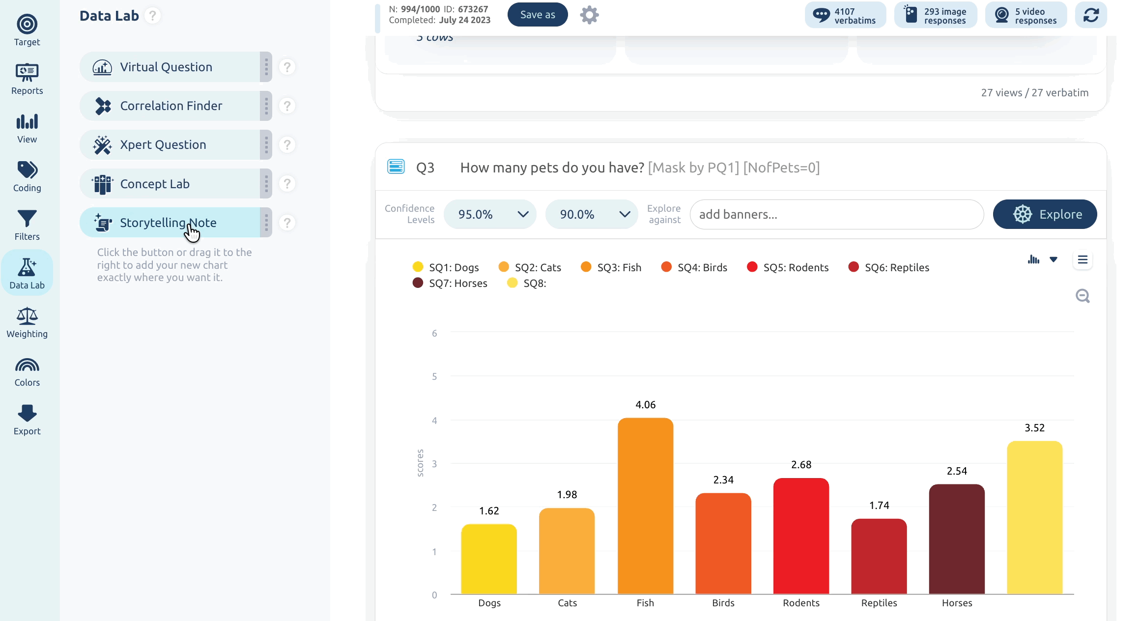 Adding a Storytelling Note component from the Data Lab menu